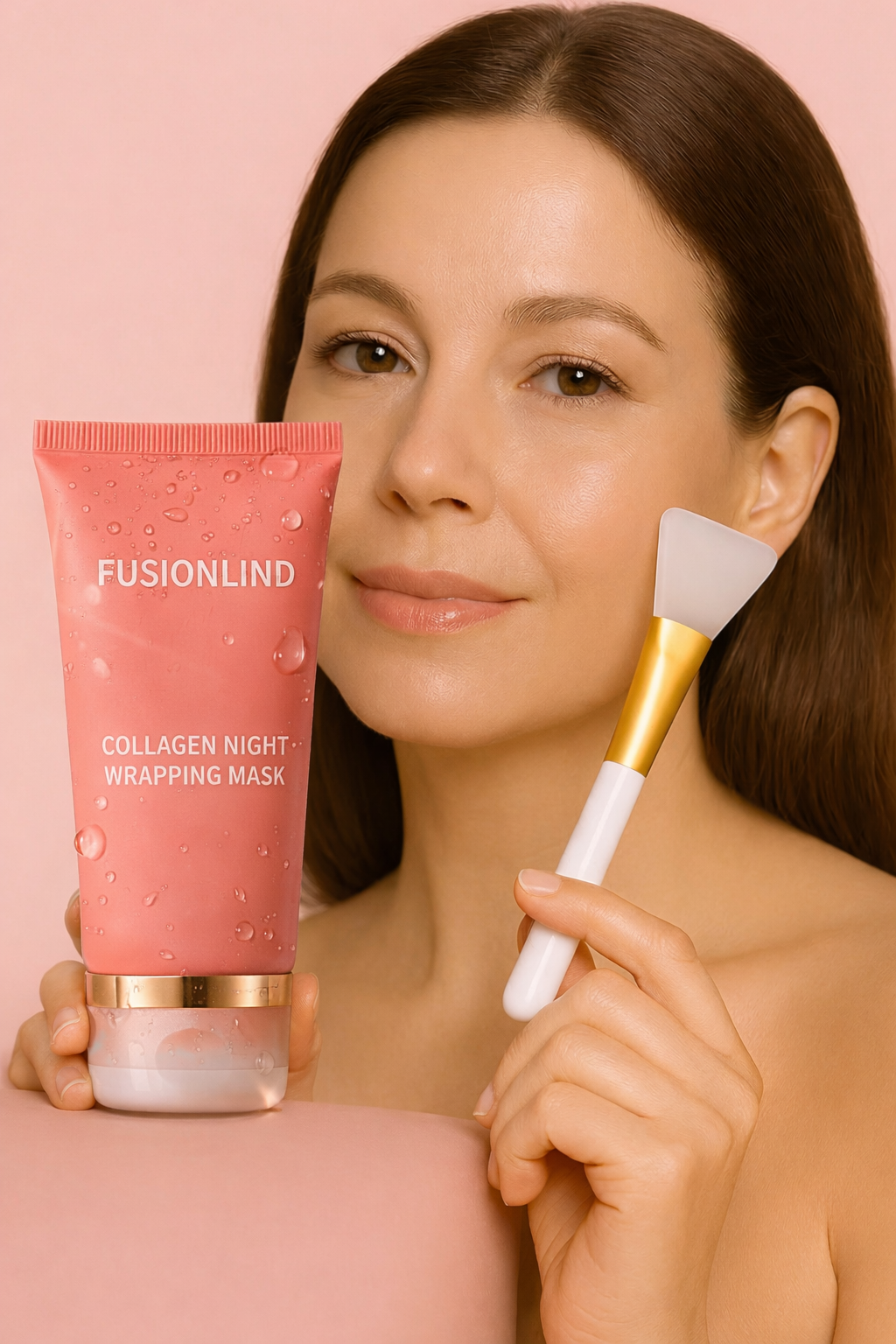  Woman applying FusionLind Collagen Night Wrapping Mask - Korean skincare for glowing skin